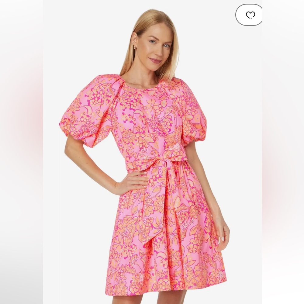 Lilly Pulitzer Pink & Orange Floral Puff-Sleeve Tie-Waist Dress
